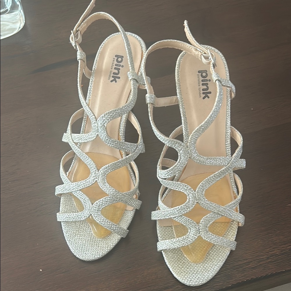 PINK paradox London Silver Strappy Sandals